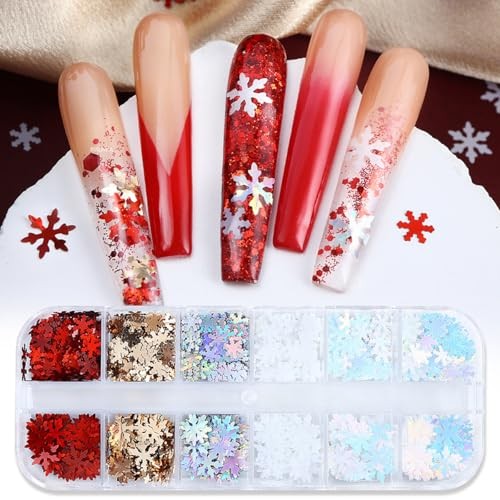 Christmas Snowflake Glitter Nail Sequins, 12 Grids 3D Colorful Mixed Color A