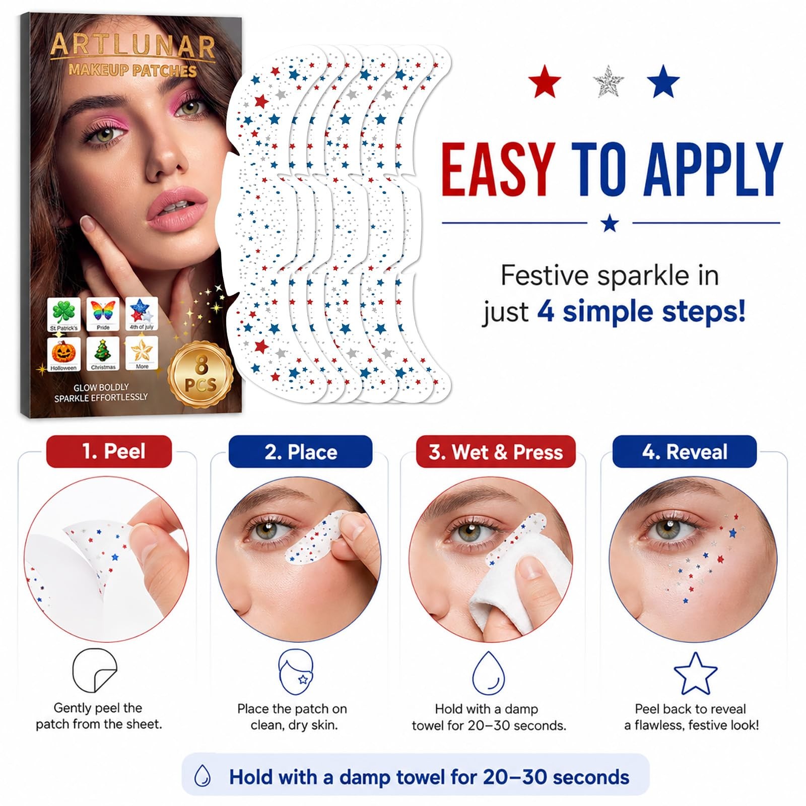 8 Pcs Red White Blue Star Freckle Stickers with Silver Glitter Powder for Face,
