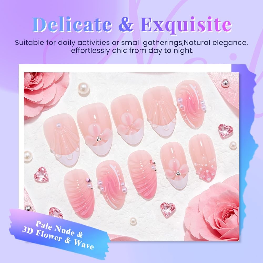 evpct Short Almond Press On Nails Flower Wave