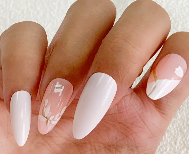 24 Pcs Press-On Nail – Medium Almond Glossy – White Solids and Pink w/Flowers