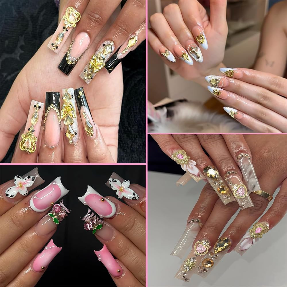 160Pcs Gold Nail Charms 3D Butterfly Cherry Heart Cross Bow Star Dollar Flowe…