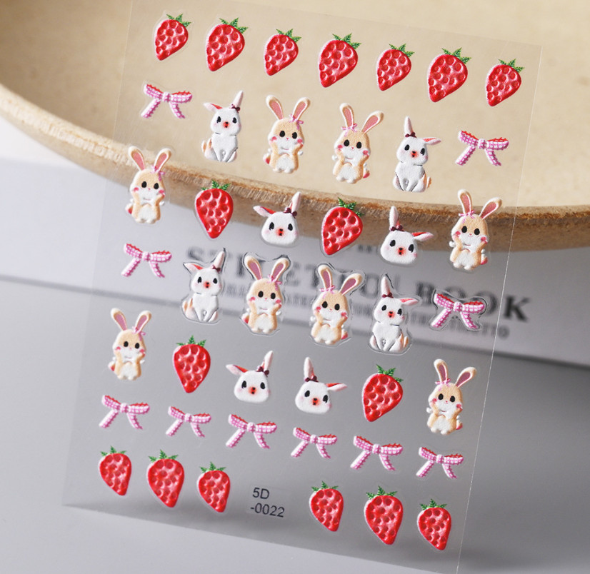 5D Engraved Bunny Strawberry Cat Bee Nail Art Stickers Decals Self Adhesive NH20