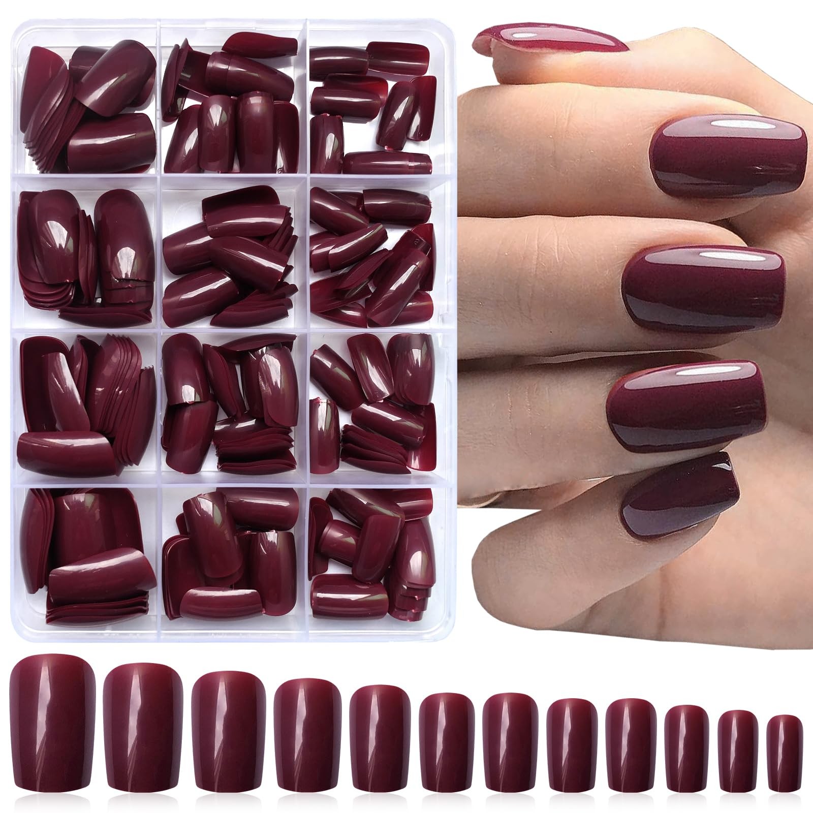240pc Christmas Wine Red Press on Nails Medium Square Fake Nails Press ons Sq…
