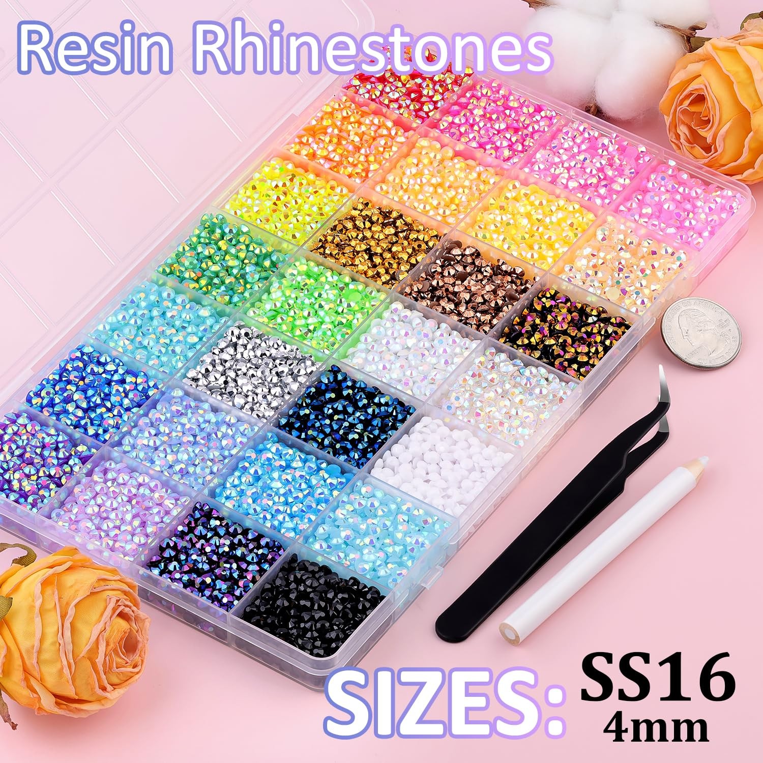 16000Pcs Resin Rhinestones with Tweezers for Crafting, Mixed-Color 4mm Bedazz…