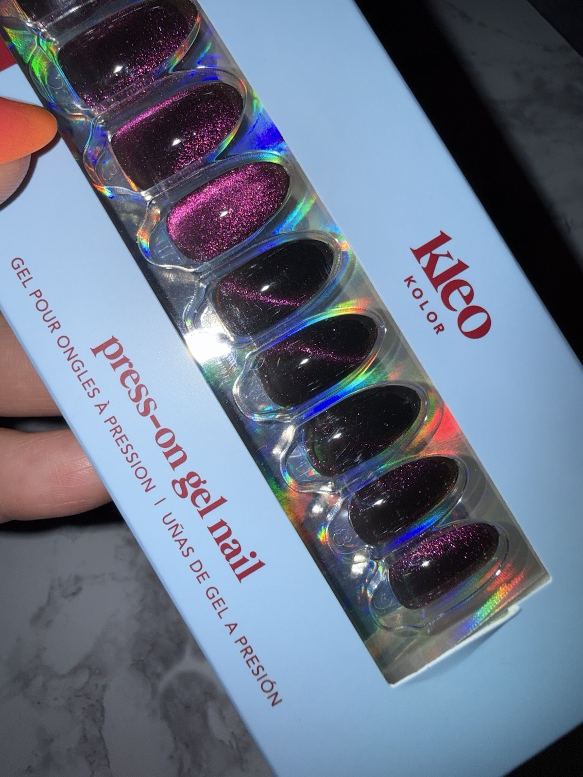 New Kleo Kolor Press-On Gel Nails – Long Almond Galaxy Glimmer Purple