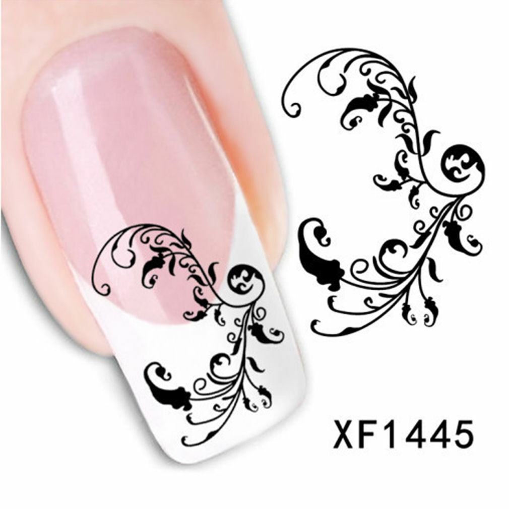 Nail Art Water Transfer Sticker Decal Stickers Pretty Flowers White Black XF1445