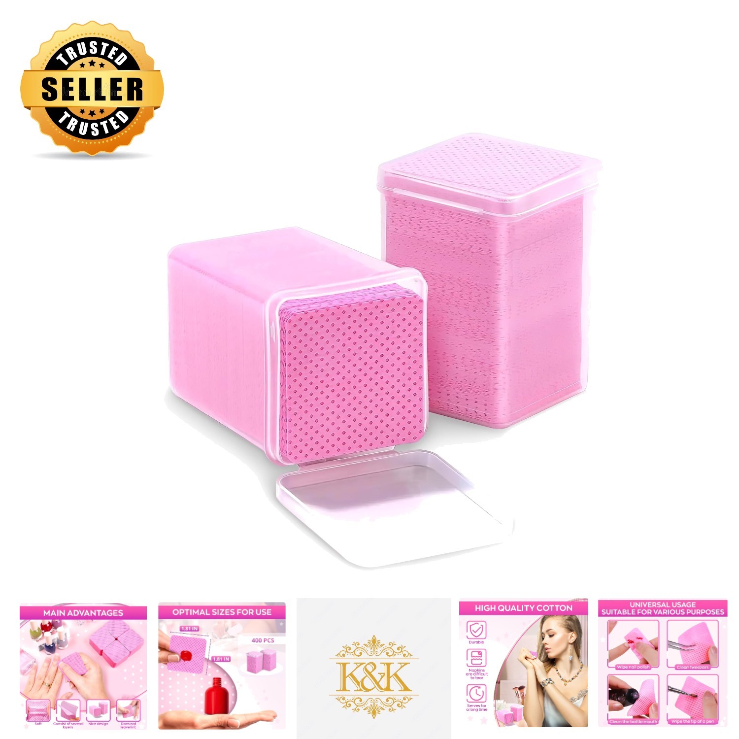 Portable 400 Count Nail Wipes – Non-Irritating Pink Gel Polish Remover Pads