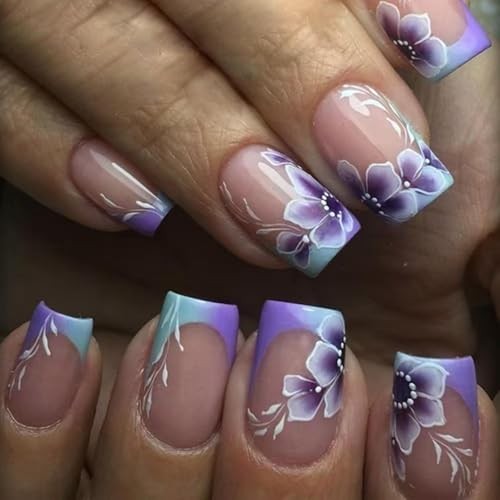 French Tips Press on Nails Purple Flower Fake Nails with Purple Ombre Flower