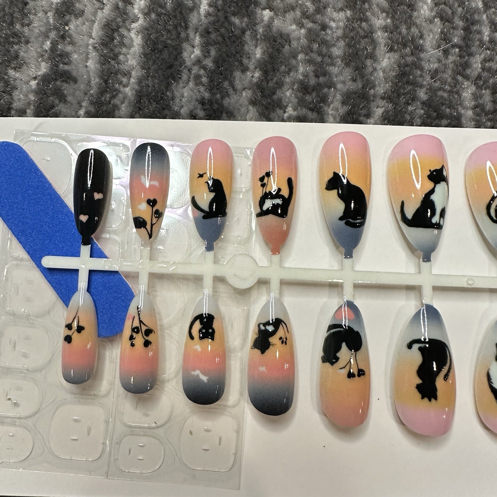 Cat Fake Nails Press On 24 Pack Kit Long Point Tuxedo Cat Black Cat Lady Gift