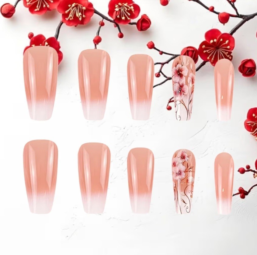 2 Pack Of 24 PCS French Floral Press-On Nails – Gradient Coffin Romantic Design