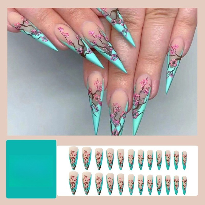 48pcs-Nude Turquoise Stiletto Nails, Press on With Pink Cherry Blossom Accents