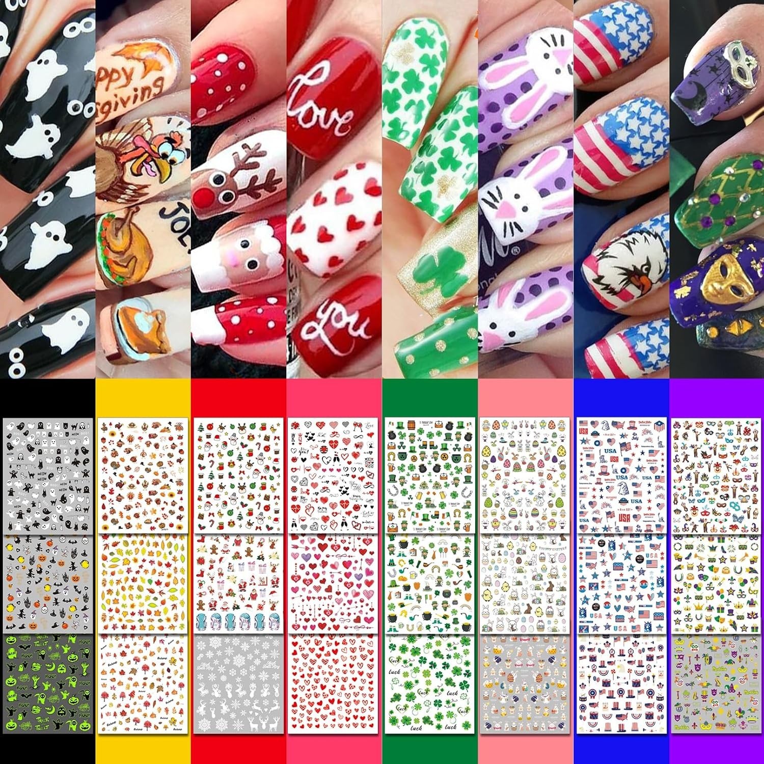 30 Sheets 8 Holiday Nail Art Stickers, Variety Pack All Season Nail Decals fo…