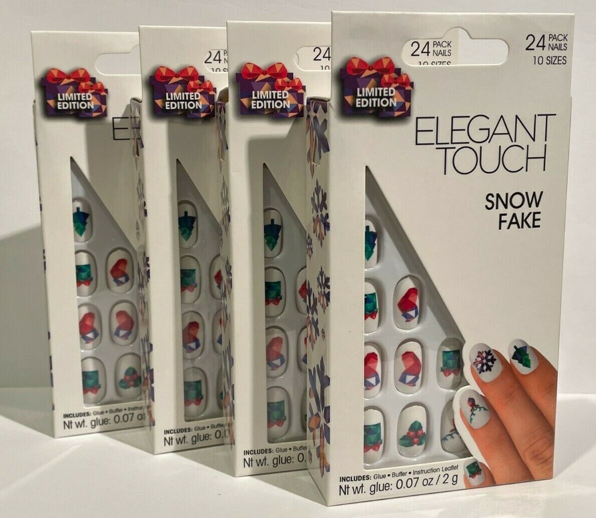 Lot Of 4 Elegant Touch SNOW FAKE – 24 Pack Nails 10 Sizes, Glue, Buffer