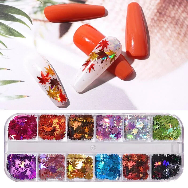 12 Colors Holographic Maple Leaf Nail Art Flakes Fall Leaf Glitter Nail Sequins