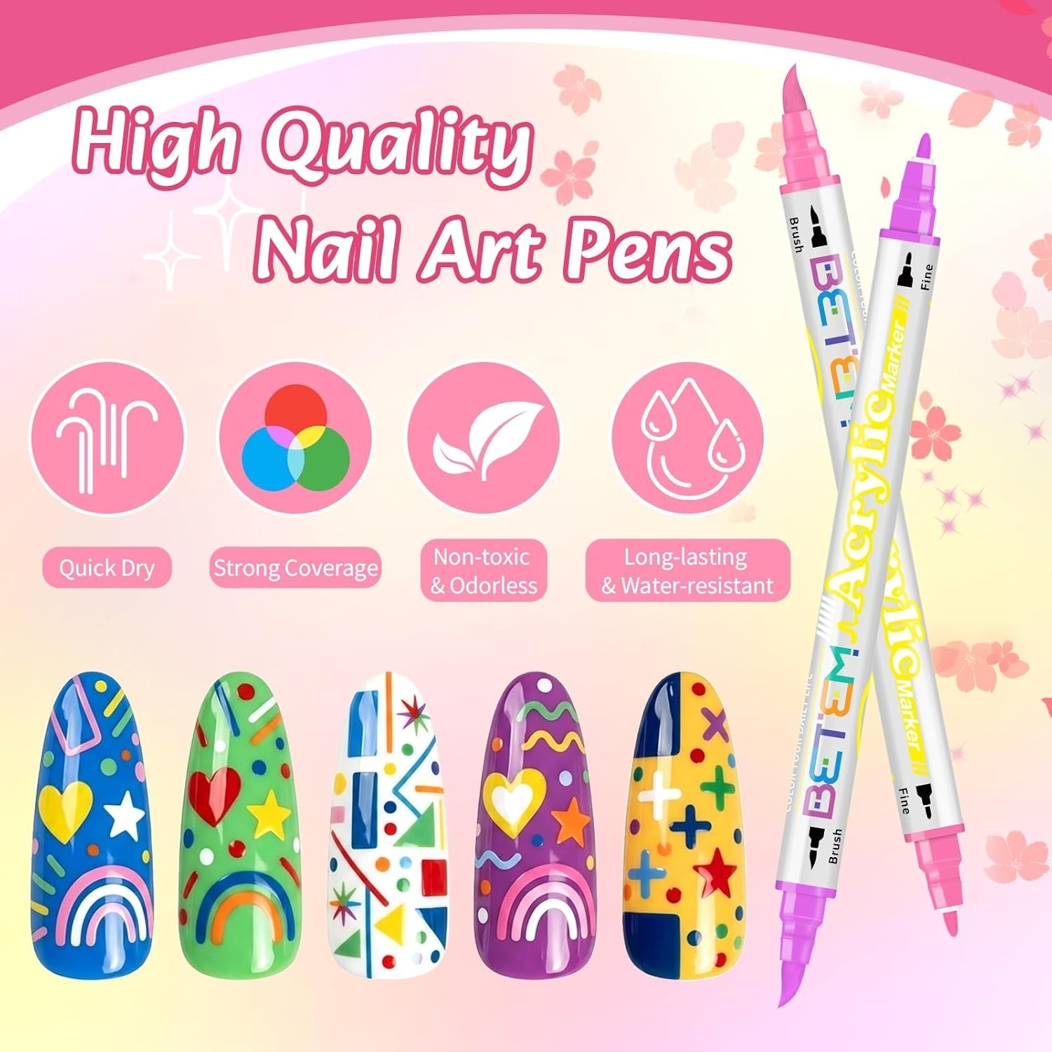 Nail Art Pens Set Dual Tip 24 Colors Non-Toxic Quick-Drying Acrylic Nail Kit for
