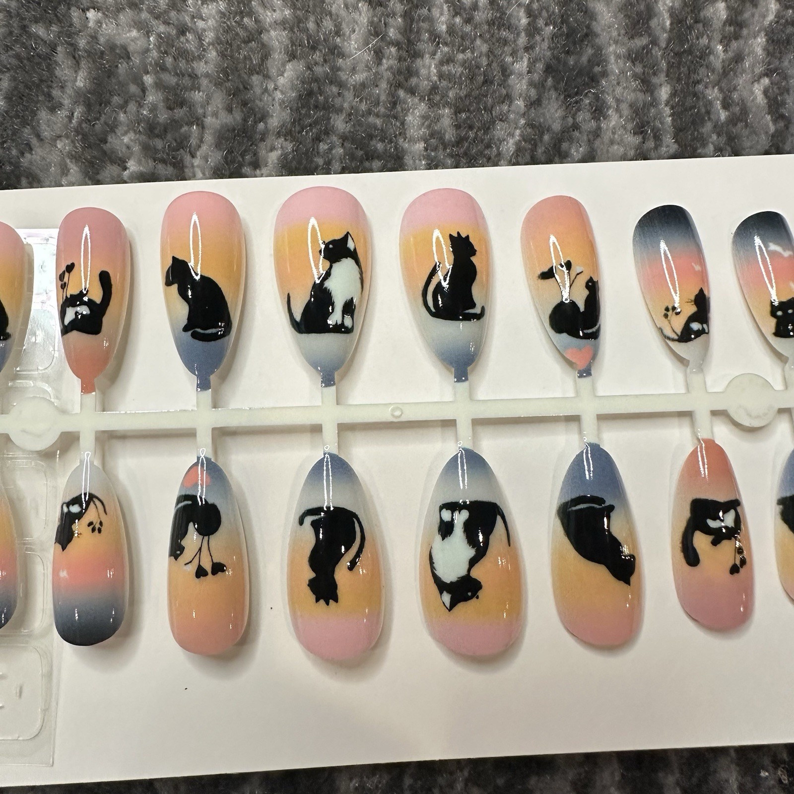 Cat Fake Nails Press On 24 Pack Kit Long Point Tuxedo Cat Black Cat Lady Gift