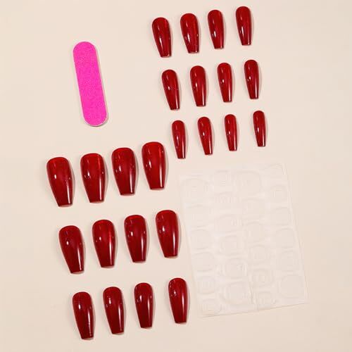 Wine Red Press on Nails Long Square Coffin Fake Nails Glossy Red 3-Red Cat Eye