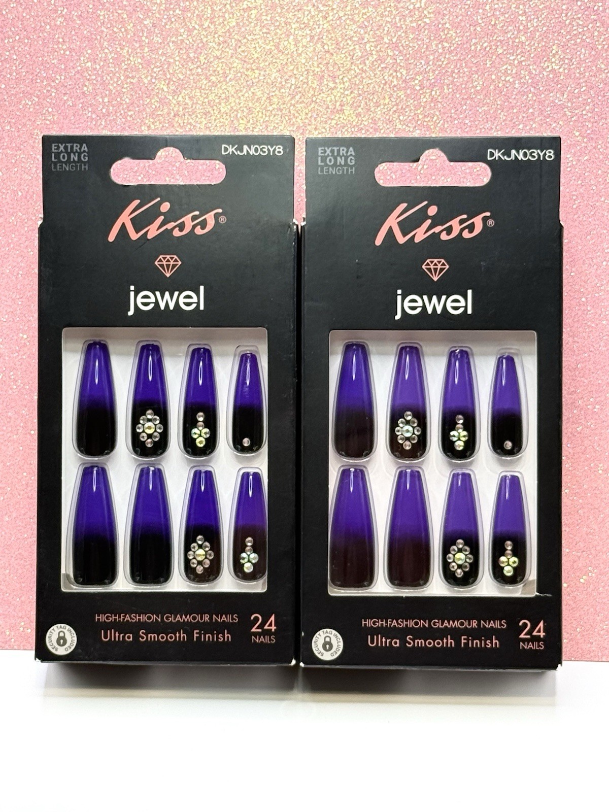 Kiss Jewel Nails Glue- On Shiny Bling Purple/Black Ombre Extra Long 2pack