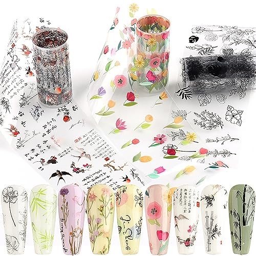 10 Rolls Flower Nail Foil Transfer Sticker Kit Bamboo Ink Painting Pattern