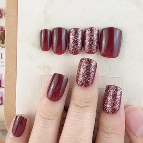 Press on Nails Short Square Acrylic Fake Nails with Apricot Wine Red Glitter