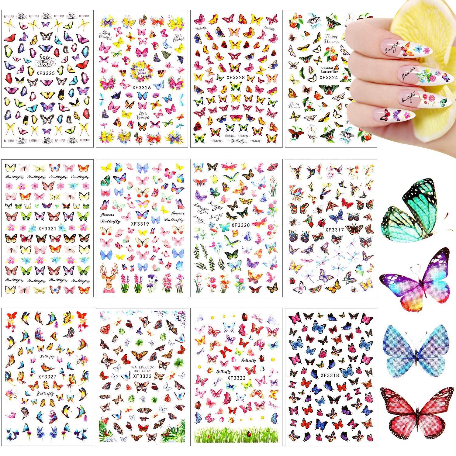24 Sheets Colorful Butterfly Flower Nail Stickers – Mixed Design Self-Adhesive N