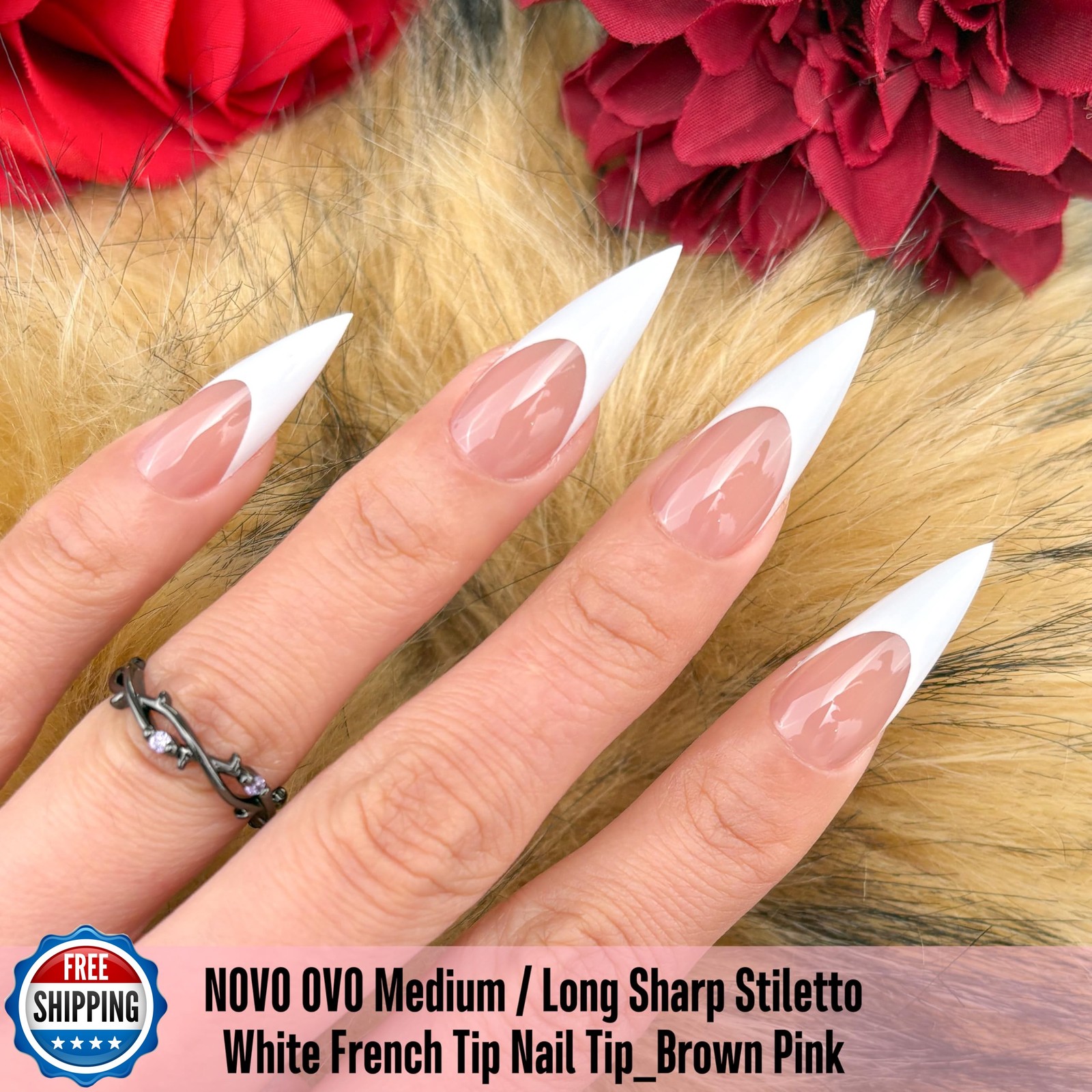 NOVO OVO Medium Long Sharp Stiletto Nail Tips (White French Tip) – Brown Pink…