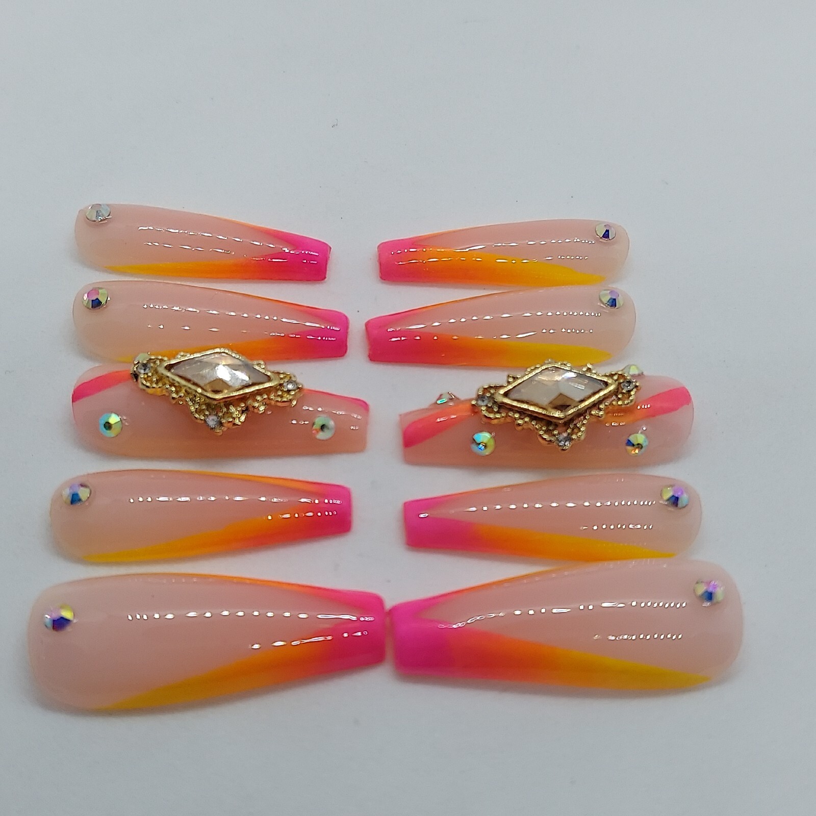 Tropical Nude Ombre Sunset Vacation Orange Pink Rhinestone Press on Nails