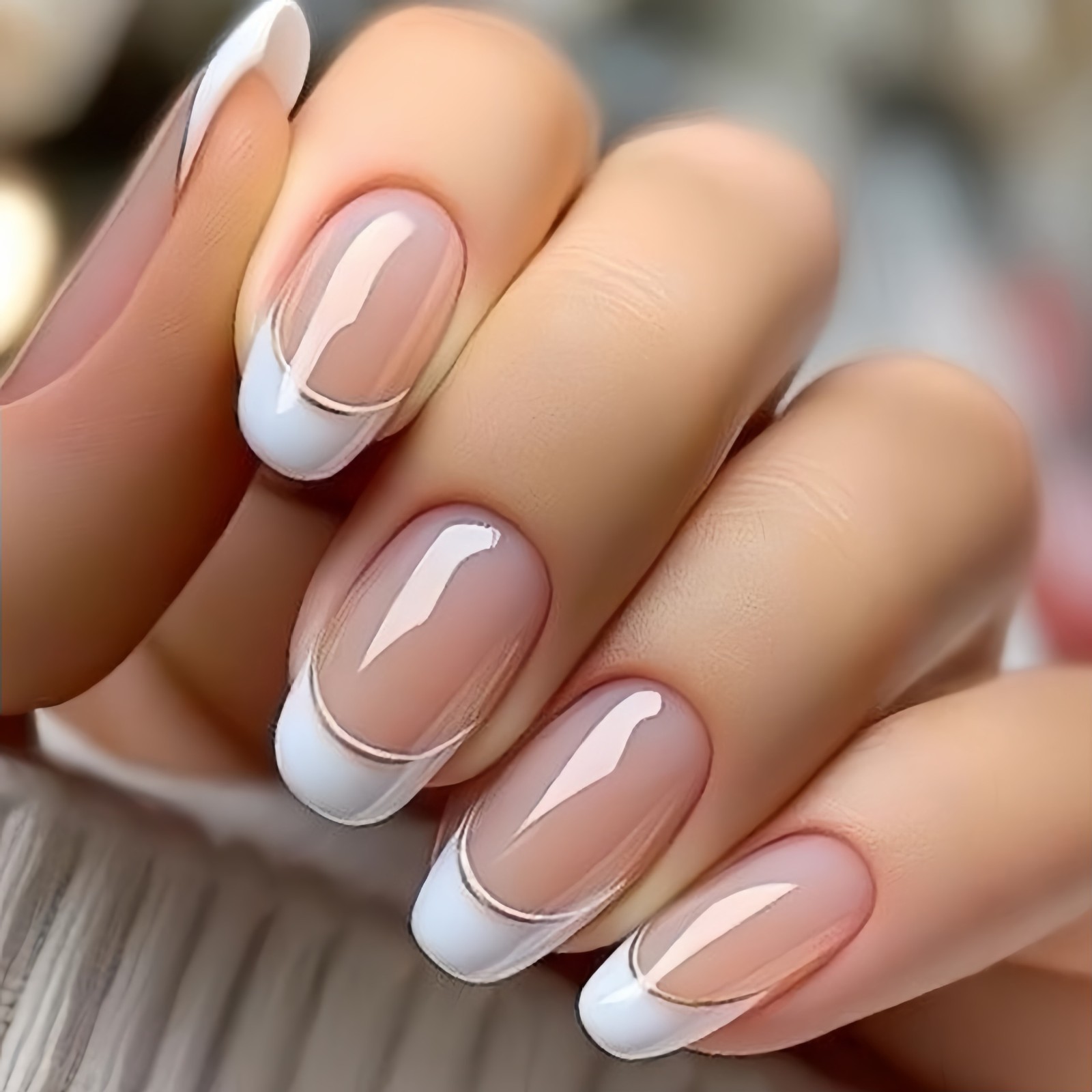 48Pcs Nude White French Press on Nails Gold Line Elegant Glossy Fake Nails