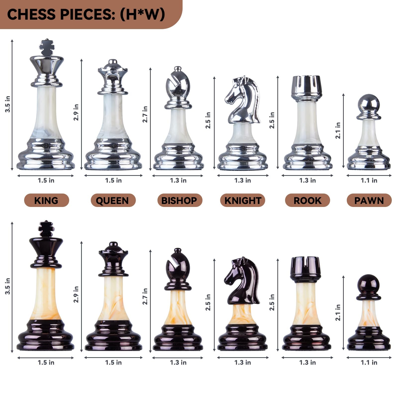 Deluxe Chess Set 16.5” Wooden Large Folding 16.54*16.54*1.5 inches, Brown
