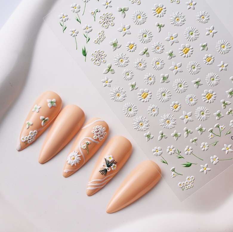 5D Embossed White Daisy Tulip Butterfly Camellia Flower Nail Art Stickers DIY