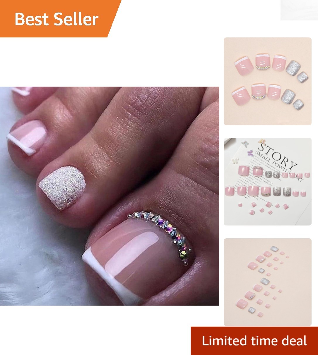 24 Glossy Press On Toenails with Rhinestone Designs – Perfect for Any Occasion