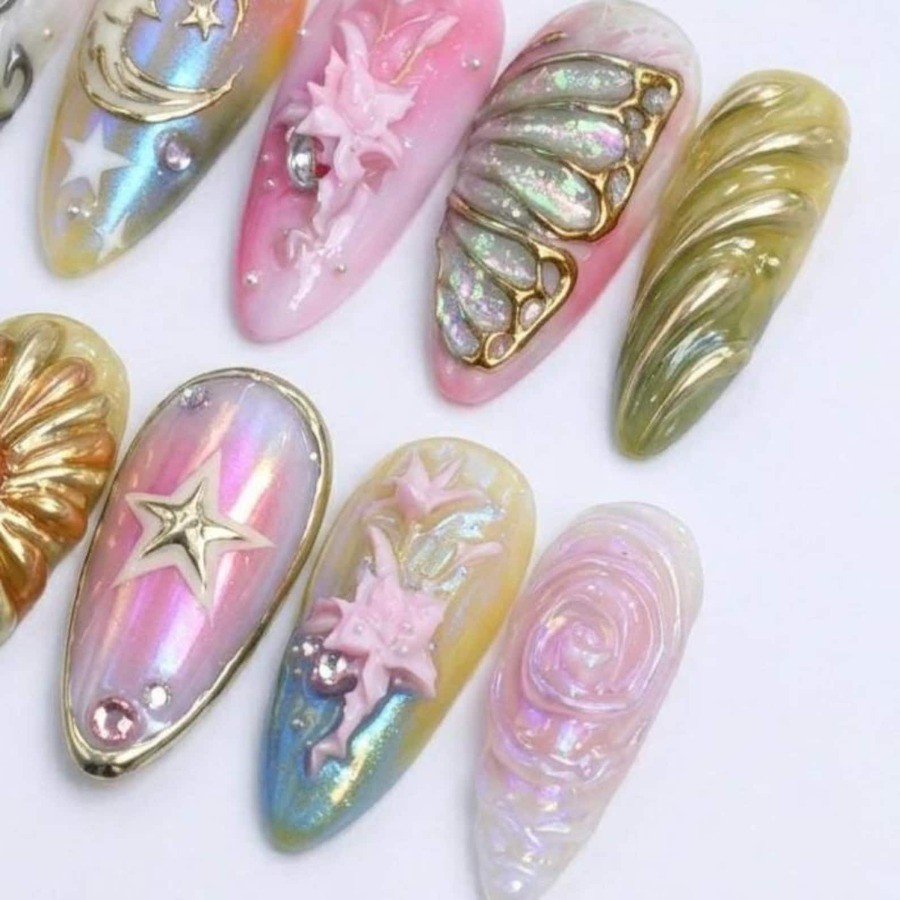 Galaxy Moon Handmade Press on Nails Butterfly Floral Iridescent Gloss Fake Nails