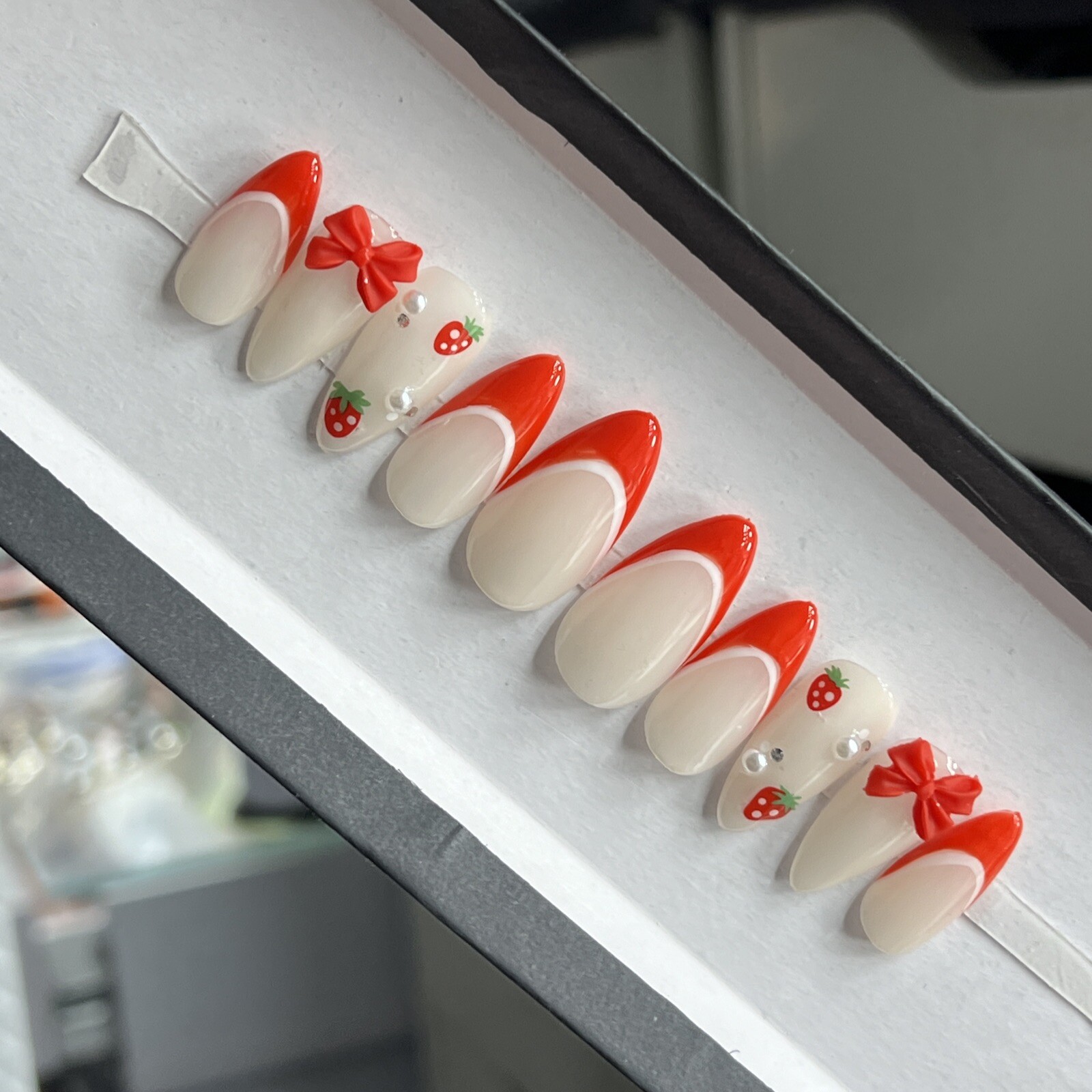 🍓 CUSTOM Hard Gel Press On False Nails, Strawberry 10p Set Medium Almond W Kit