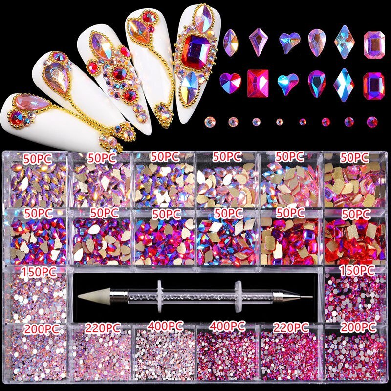3100PCS/Boxed Luxury Rhinestone Nail Art Jewelry Set Glass Nail Crystals Box