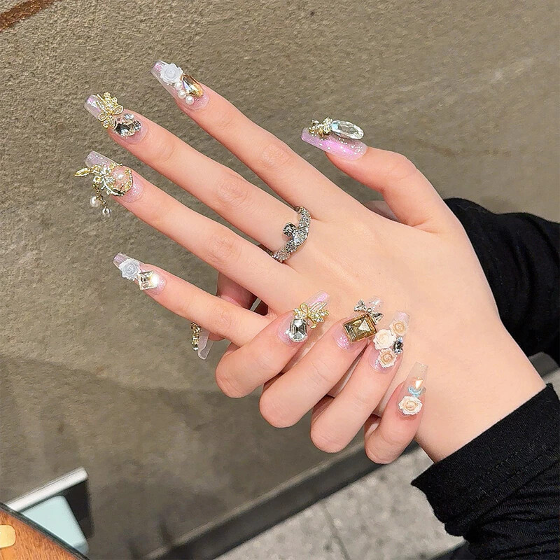Handmade French 3D Full Of Diamond Bow False Nail Long Coffin Press On Nail Set