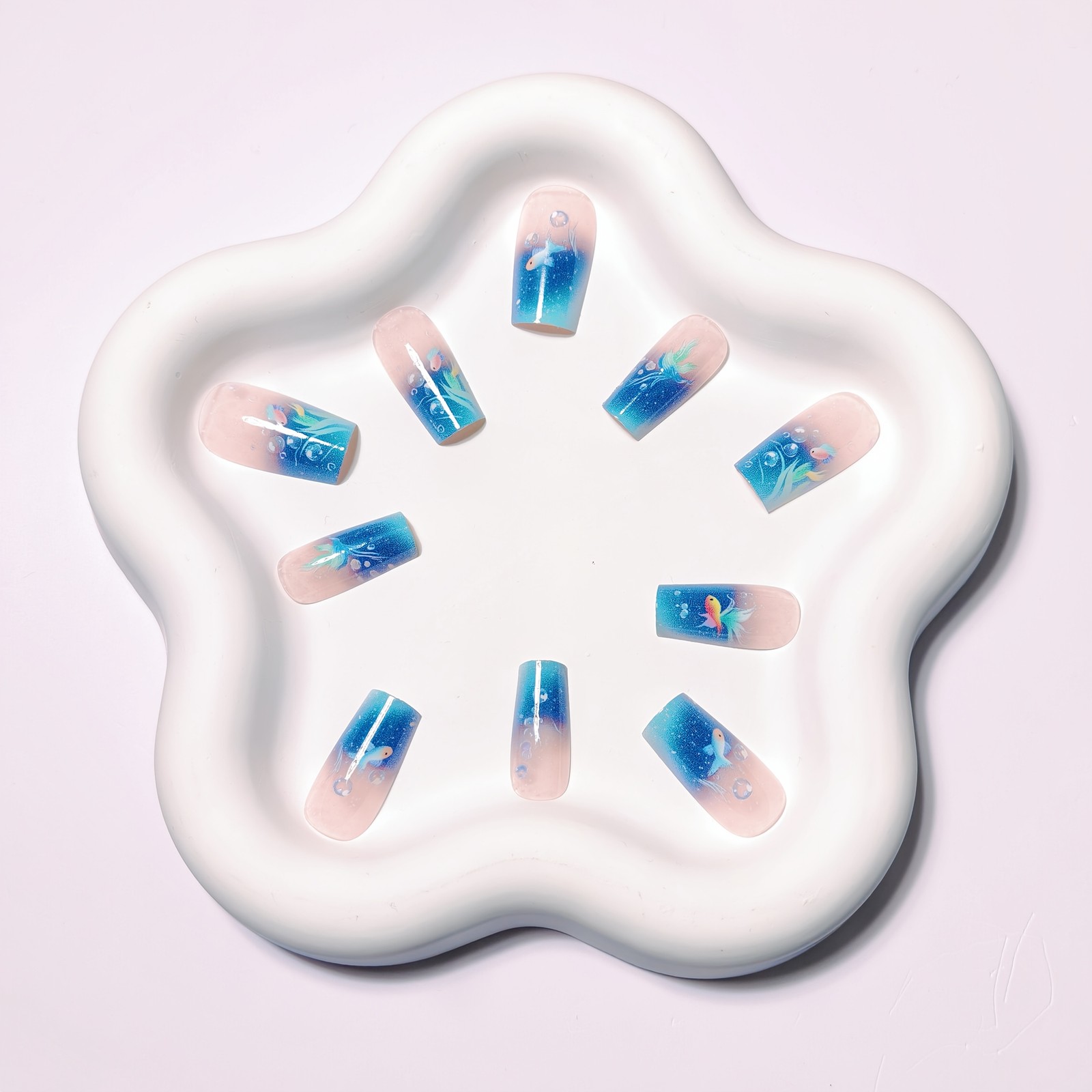 24pcs Press on Nails Goldfish Bubble Long Square Glossy Reusable Fake Nails