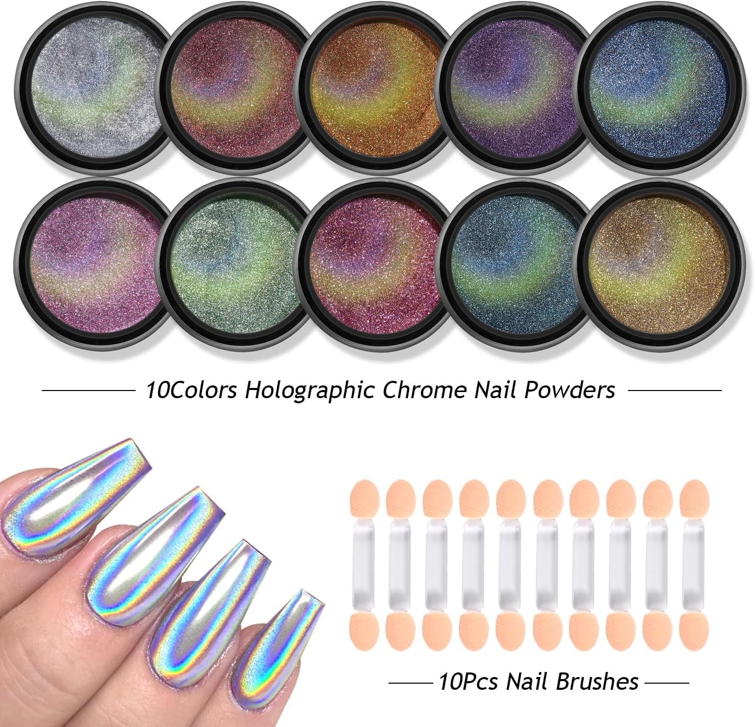 Holographic Chrome Nail Powder, 10 Colors Metallic Mirror Effect Nail Glitter Po