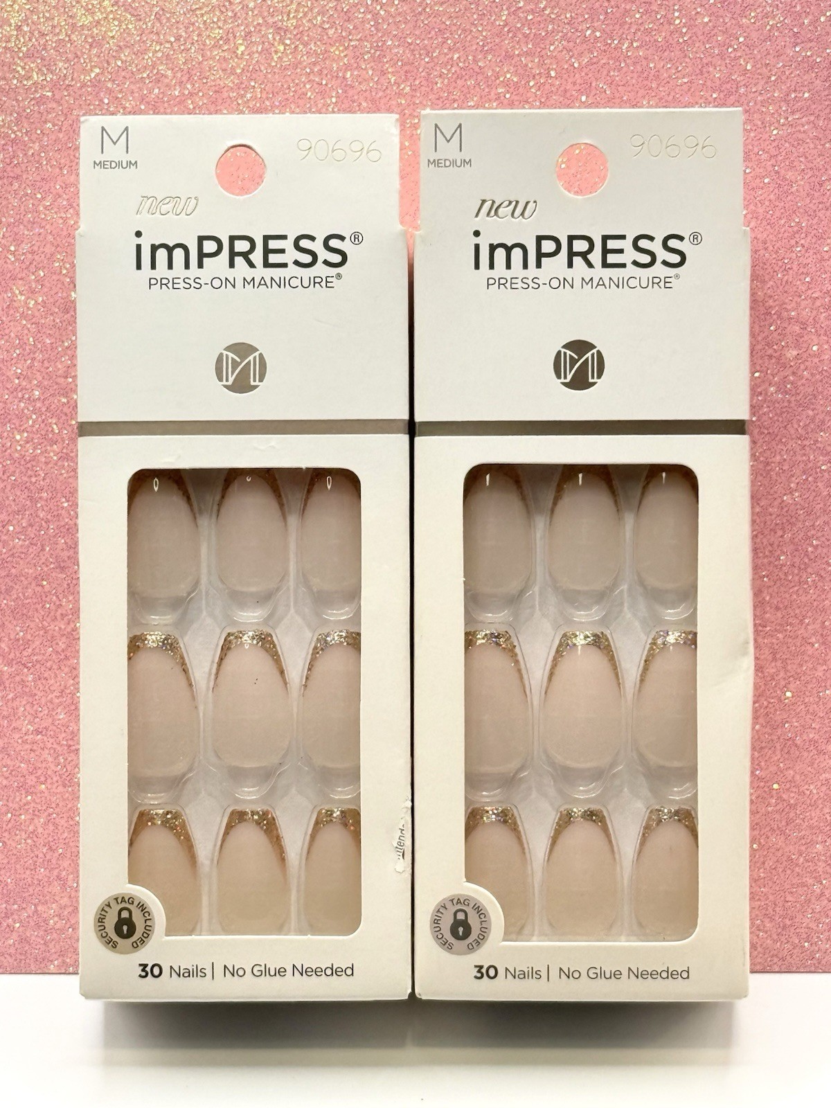 Kiss imPRESS No Glue Press-On Nails Manicure Medium Gold French 90696 Lot Of 2