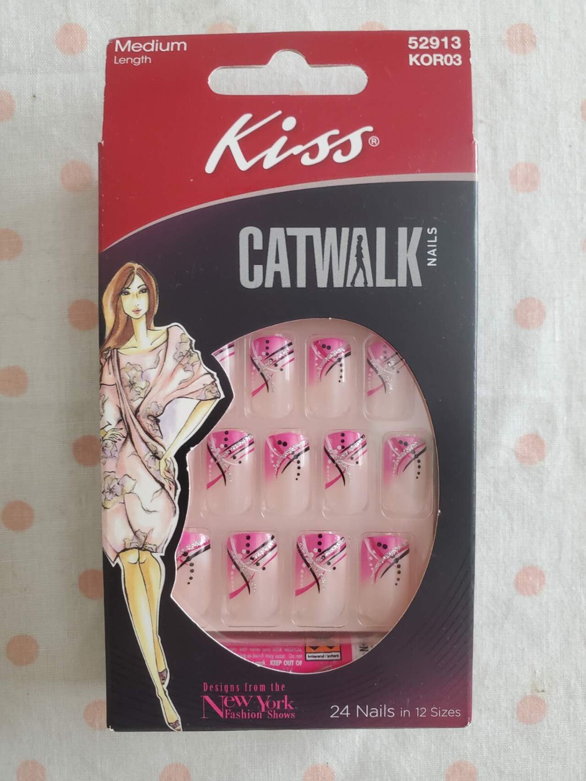 Kiss DISCONTINUED French Dark Pink w/Black & Silver Stripes Glue-on Nails Medium