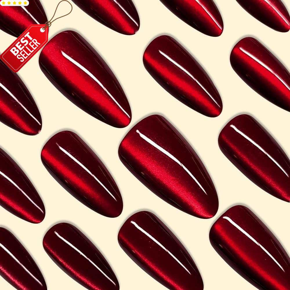 30x Dark Red Cat Eye Press On Nails Almond Medium Glitter Burgundy Fake Nails –