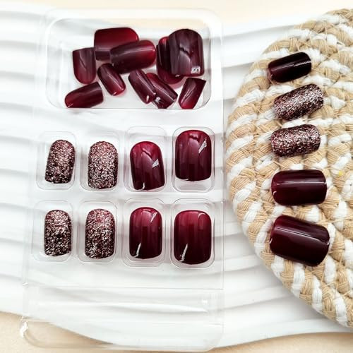 Press on Nails Short Acrylic Nails Press ons Square Burgundy Silver Glitter
