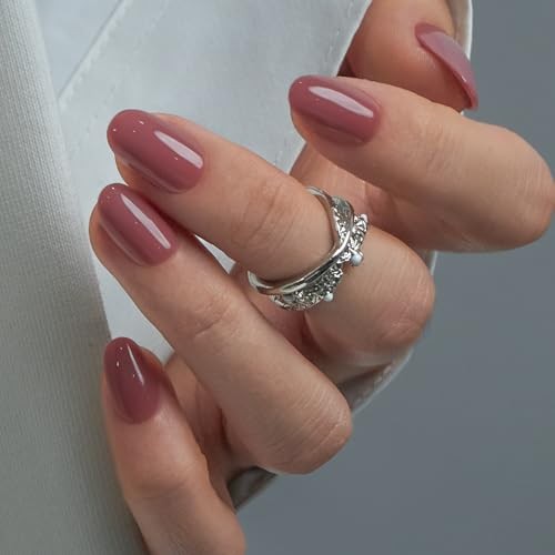 Soft Gel Oval Press on Nails Short, Fake Nails with Design Red Purple rose
