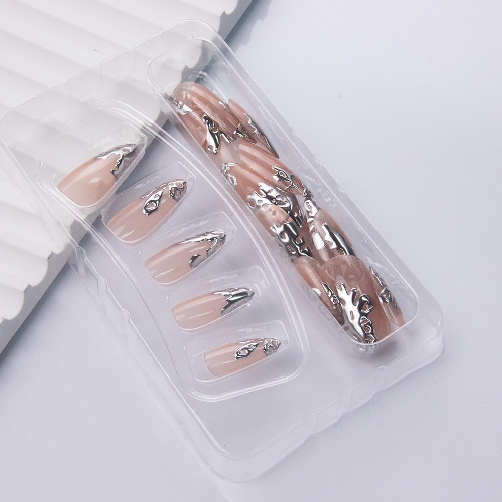 Almond Press on Nails Silver Fake French Tip False Medium, Style 6