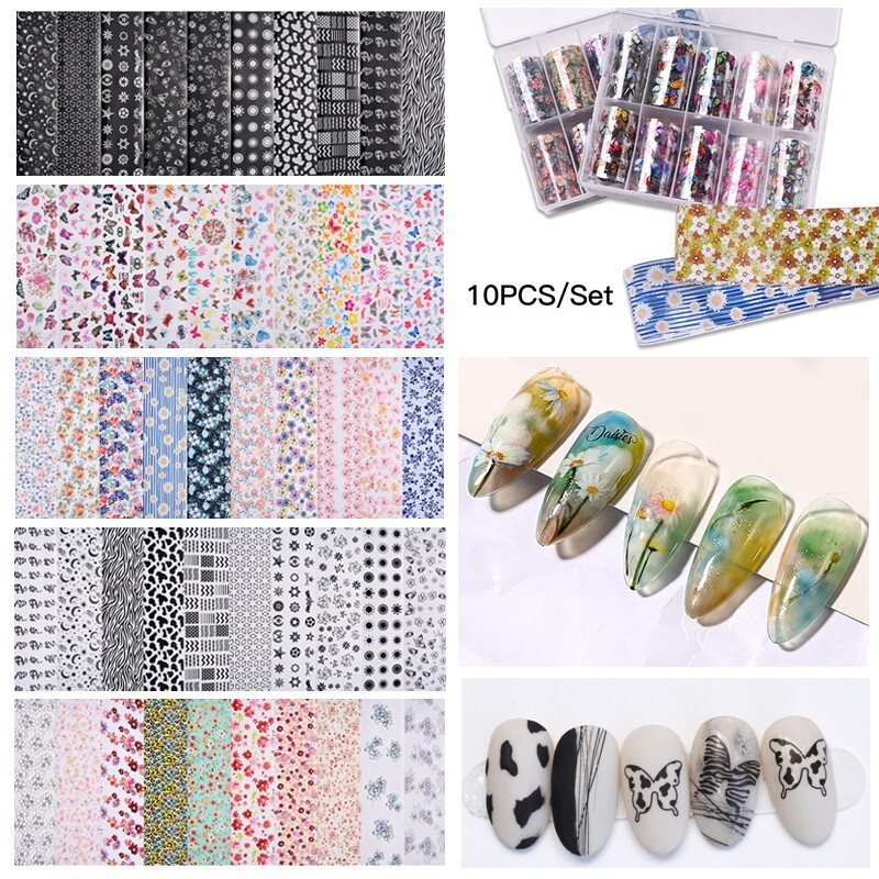 10Rolls Holographic Nails Art Transfer Foil Stickers Flower Star AB Paper Wrap