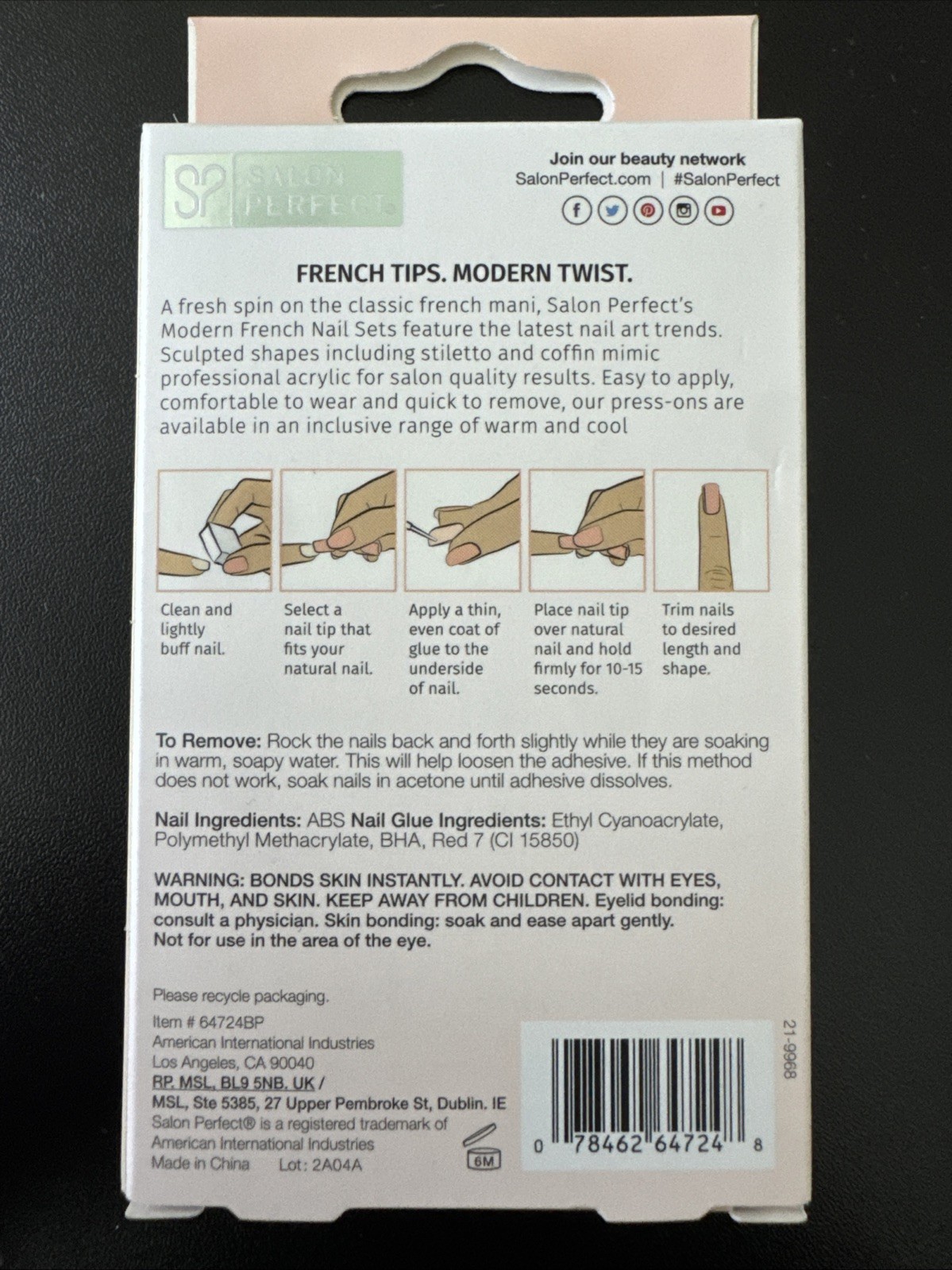 Salon Perfect Modern French Nail Set Of 30 Nails, File, Professional Glue 2Pack
