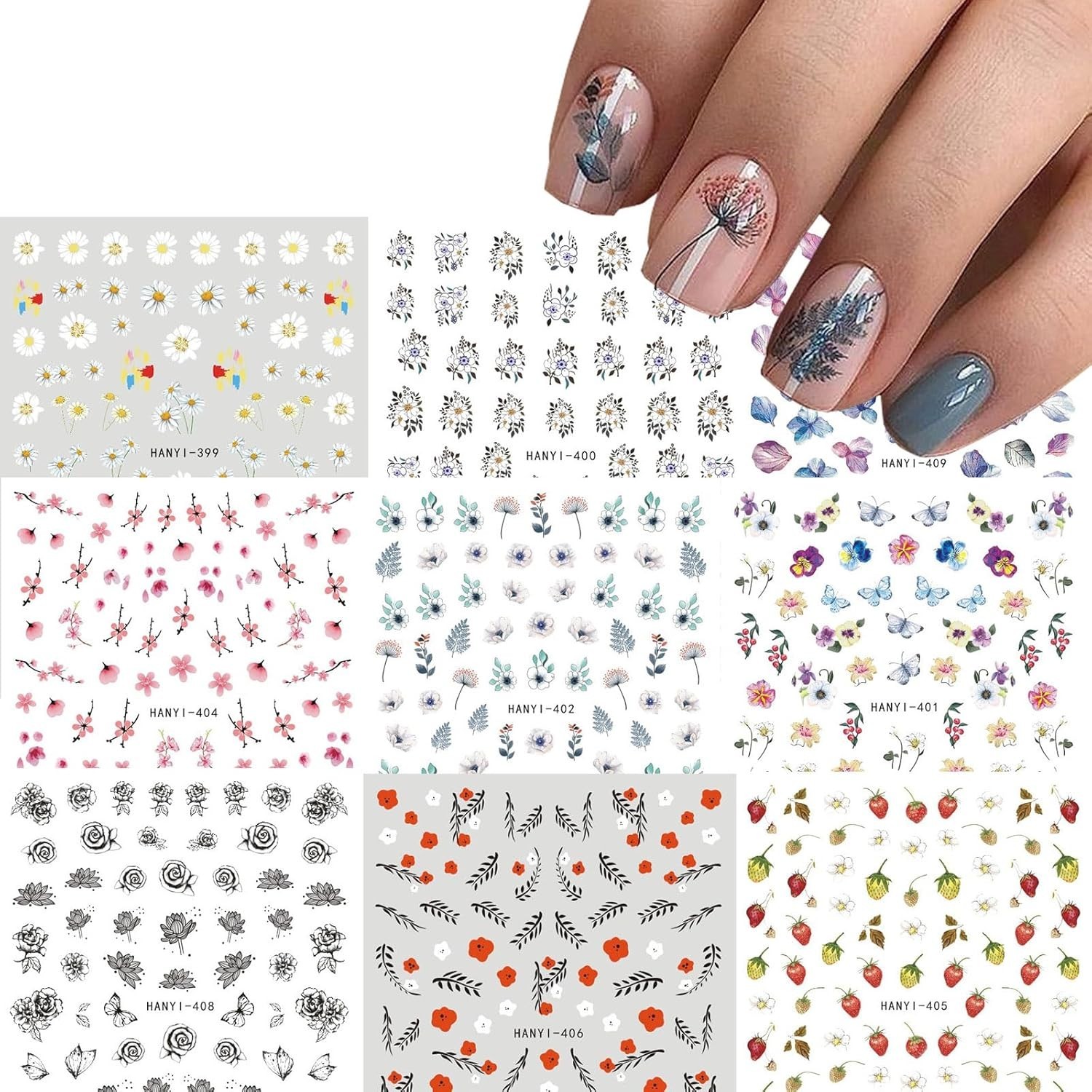 Elegant 9 Sheets of Self-Adhesive Floral Nail Art – Perfect for Summer