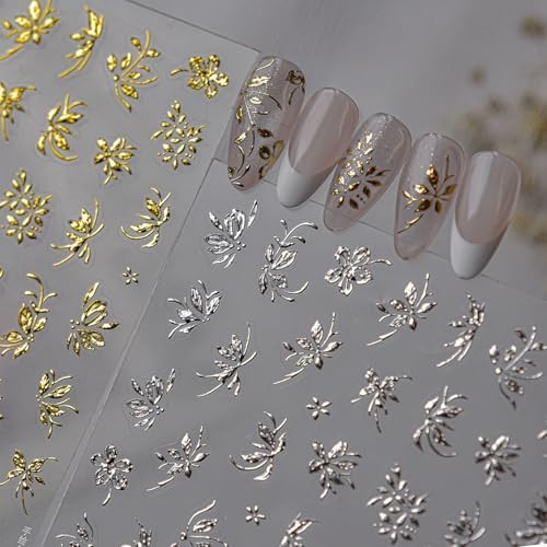 Gold Silver Flower Leaf Nail Art Stickers 2 Sheets Self Gold Silver Leaf-4