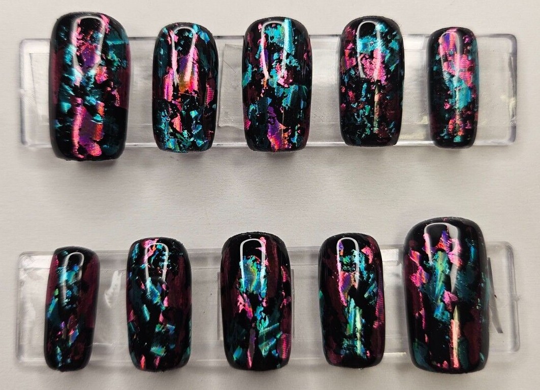 Hand Painted, Medium Square Press on nails – black w/ pink & teal foil
