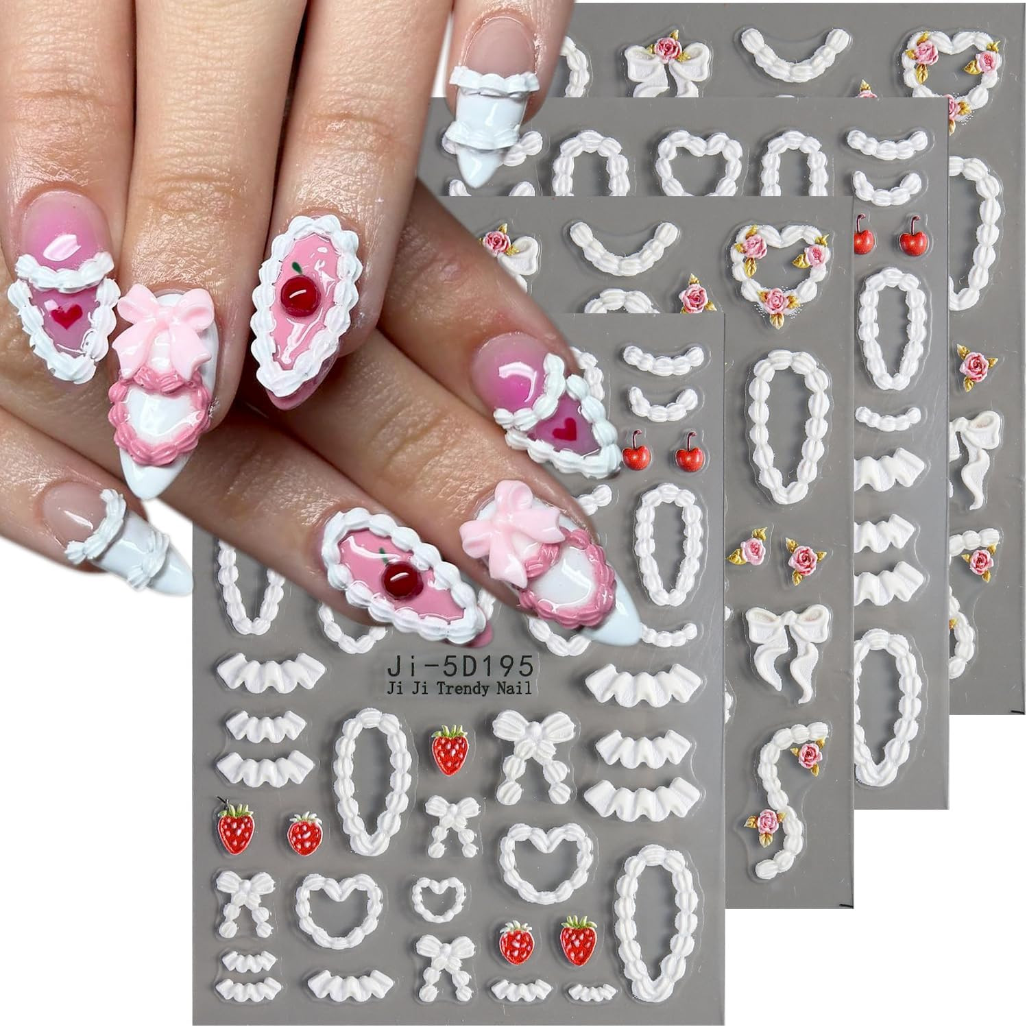 Cake Cream 5D Embossed Nail Art Sticker, Cute Birthday Creamy Chain Rose Stra…