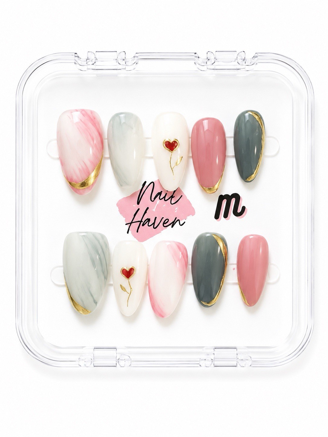Nail Haven Press-On Nails Medium Almond Pre-Designed Mixed Designs Lot of 6